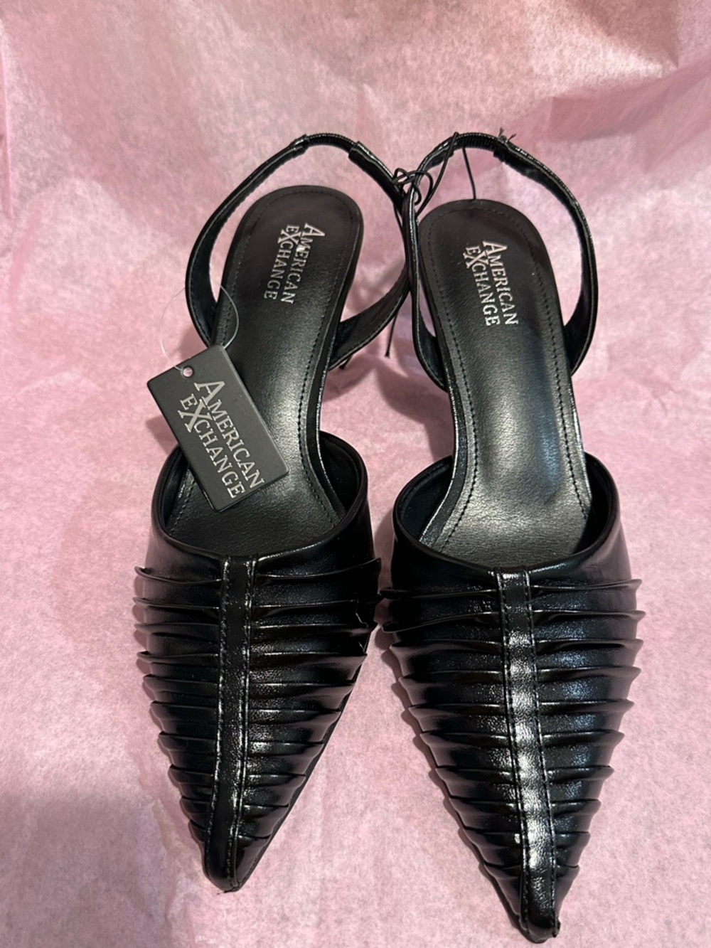 American Exchange Black Pointed Slingback Heels with Ribbed Detail